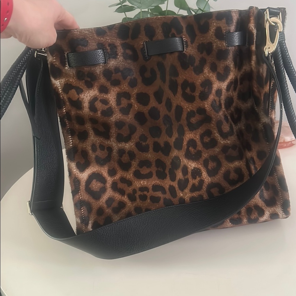 Tamara Mellon Brown & Black Leopard Print Shoulder Bag with Adjustable Strap